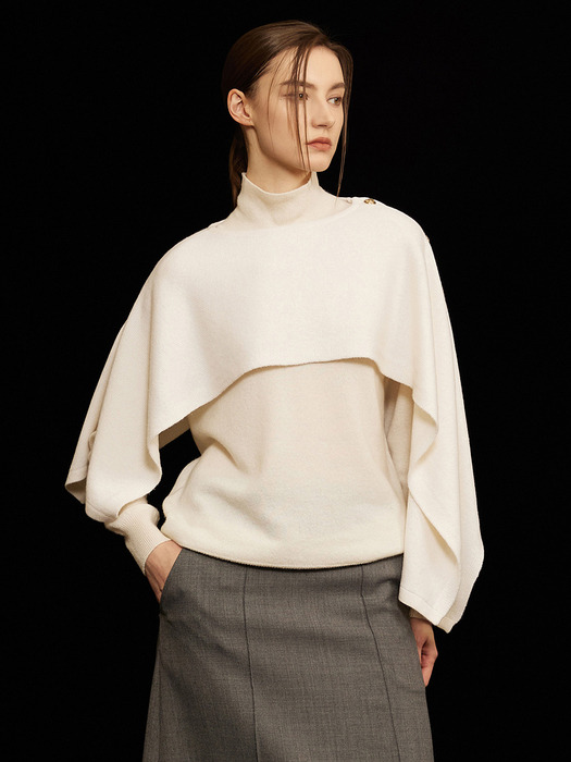 Cashmere Button Detail Cropped Knit Cape Ivory