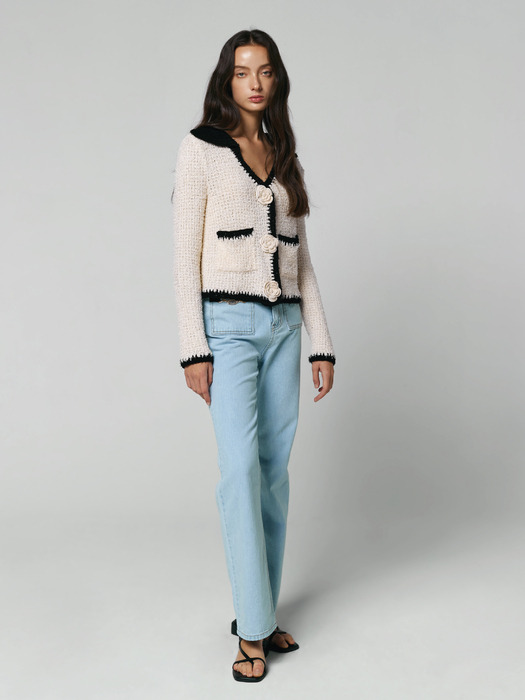 CORSAGE BUTTON KNIT CARDIGAN - IVORY