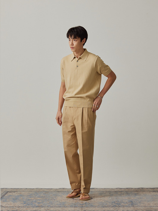 Linen / Cotton Twill adjust 2Pleats relaxed Trousers (Beige)