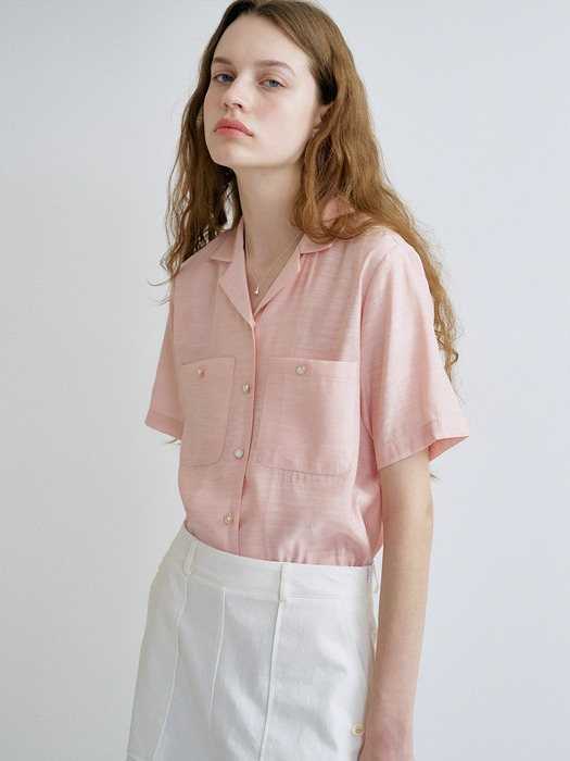 [단독]S Linen Open Collar Shirt_Pink