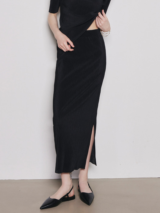 Pleats Banding Midi Skirt_Black