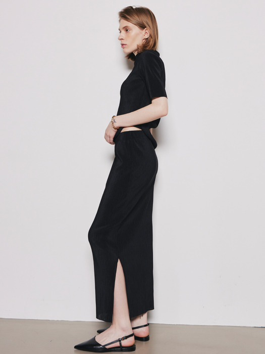 Pleats Banding Midi Skirt_Black