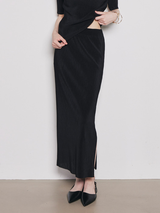 Pleats Banding Midi Skirt_Black