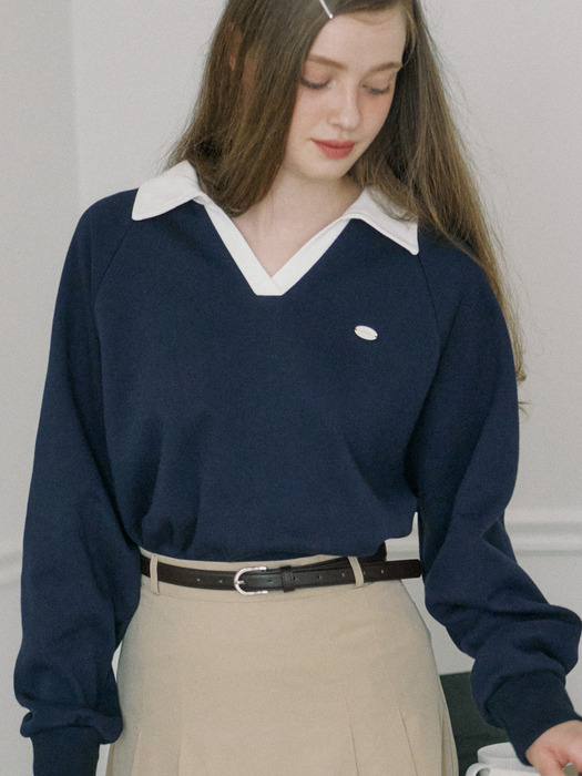 Pique Open Collar Sweatshirt - Navy