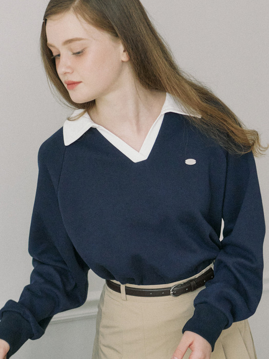 Pique Open Collar Sweatshirt - Navy