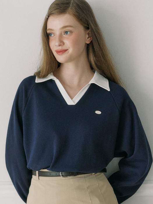 Pique Open Collar Sweatshirt - Navy