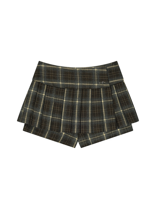 CHECK PLEATS MINI SKIRT SHORTS, BROWN