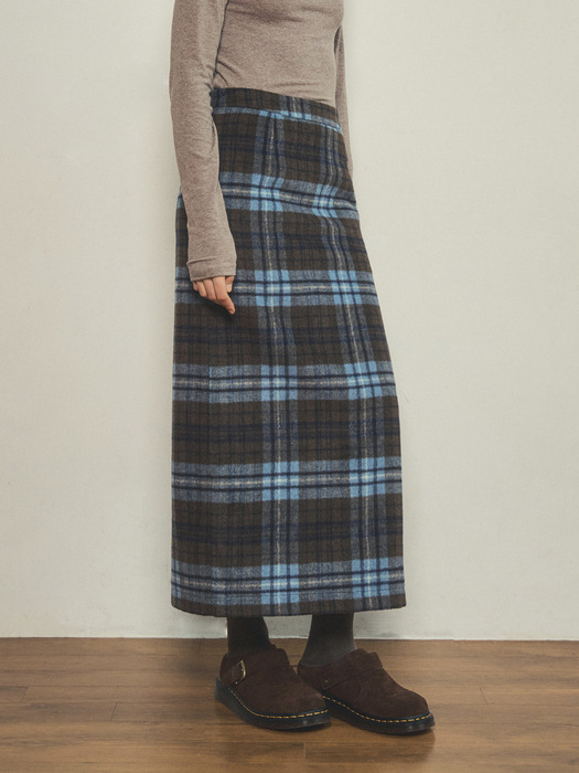 vintage check skirt_Blue brown