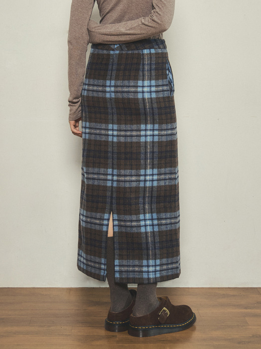 vintage check skirt_Blue brown