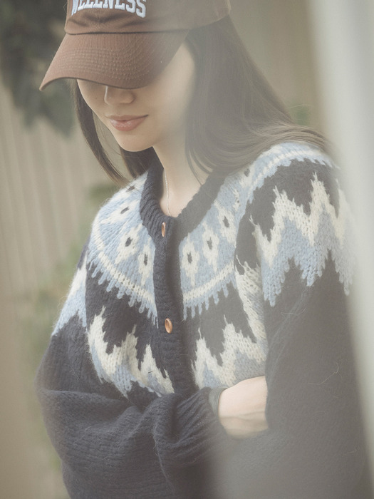 Retro punchcar pattern cardigan_Navy