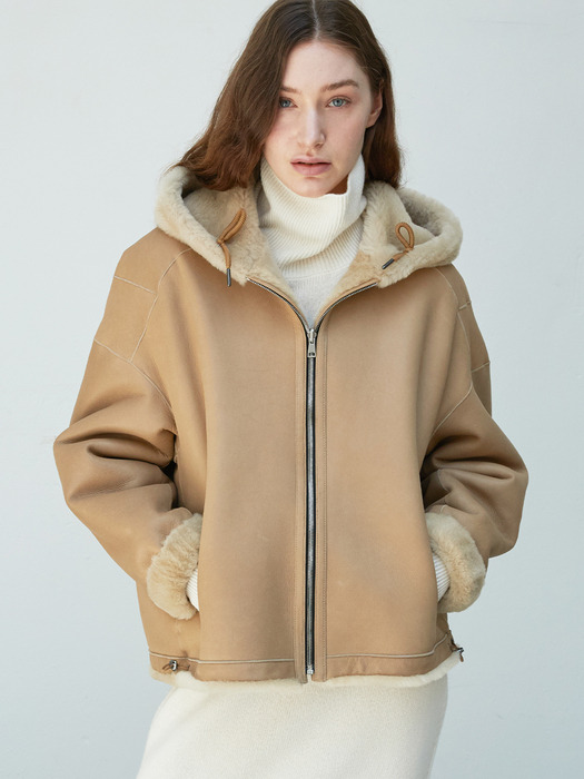 Spanish shearling Reversible hooded Coat_Beige