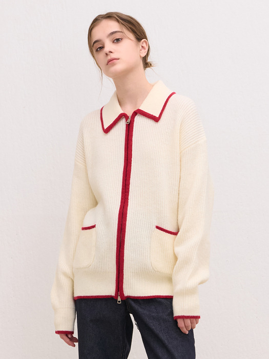 BLEND COLOR COLLAR KNIT CARDIGAN IVORY