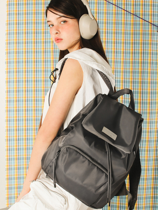 304 Small nylon draw flap backpack_Dark gray