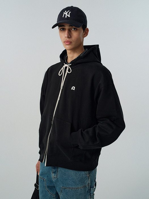 UNISEX LEATHER LOGO ZIP-UP HOODIE BLACK_M_UDTS5A108BK