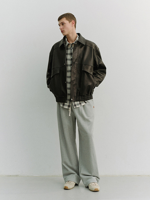 UNISEX LEATHER LOGO WIDE SWEAT PANTS MELANGE GREY_UDPA6A102G2