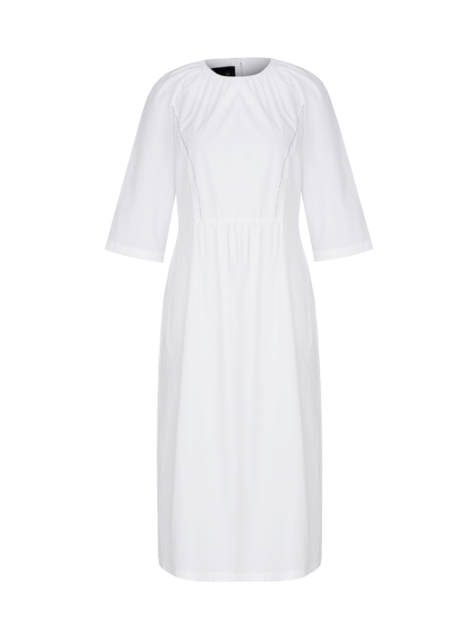 CONTRAST STITCH GATHERED DRESS (WHITE)