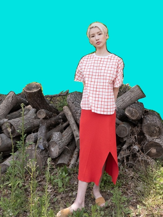 [flat] RED KNITED-NECK COTTON CHECK TOP 
