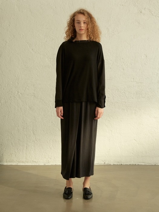 Wool-tencel Gather Long Skirt - BLACK