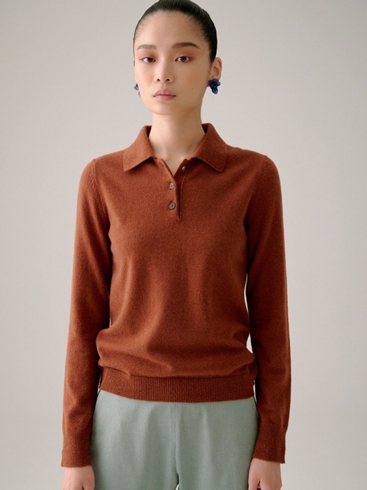 BROWN PURE CASHMERE COLLAR KNIT TOP