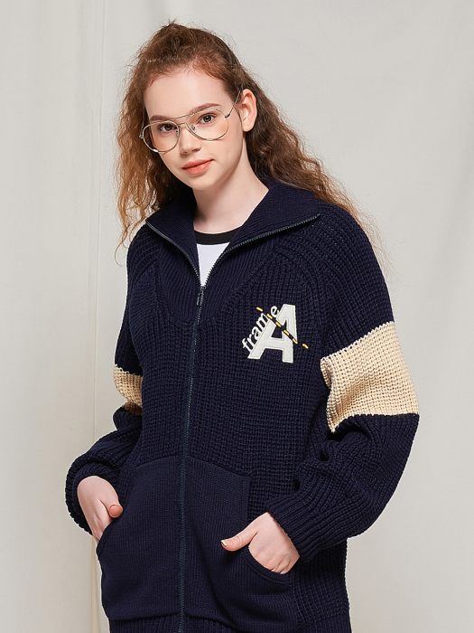 DOTTED LINE HEAVY KNIT ZIP-UP (NAVY)