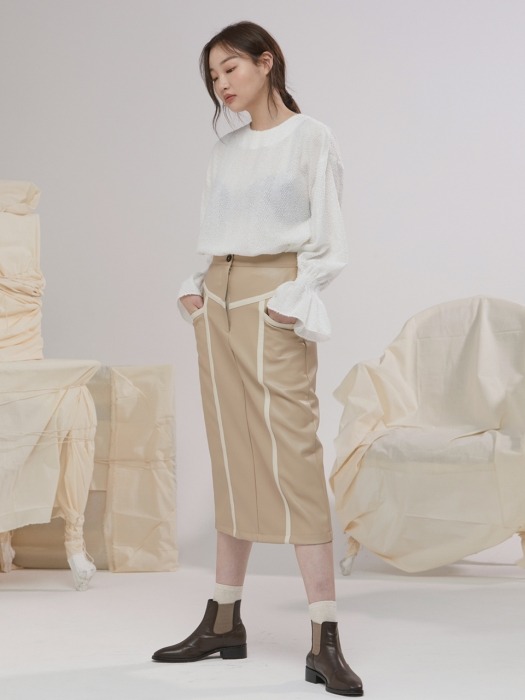 COLOR LINING FAKE LEATHER LONG SKIRT BEIGE