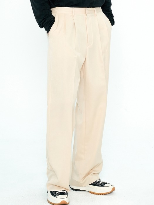 LIGHT 2 TUCK WIDE SLACKS_CREAM IVORY