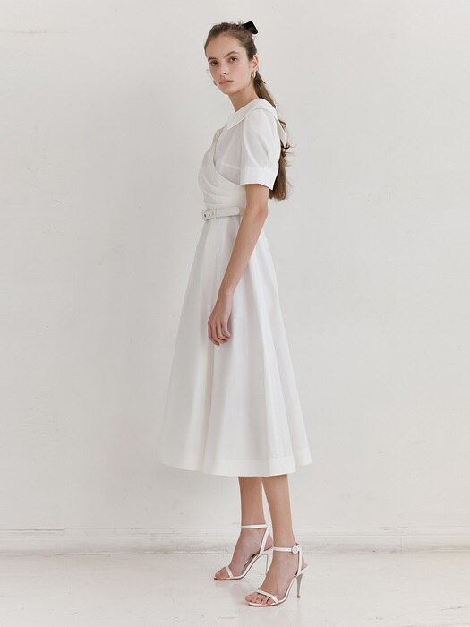 [미전시]ELLIE V-neck short sleeve shirred shirt dress (Off White)