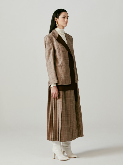 Asymmetric Pleated Checked Wool Skirt - Brown