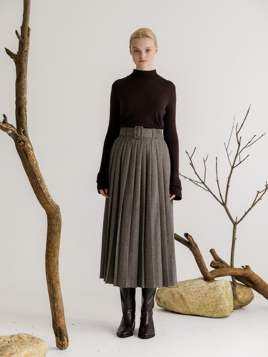 Pleats Belted Herringbone Skirts