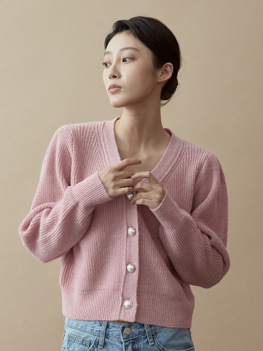 V.alpaca puff knit cardigan (pink)