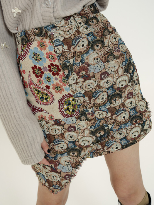 Jacquard Skirt [Beige_Bear+Flower]