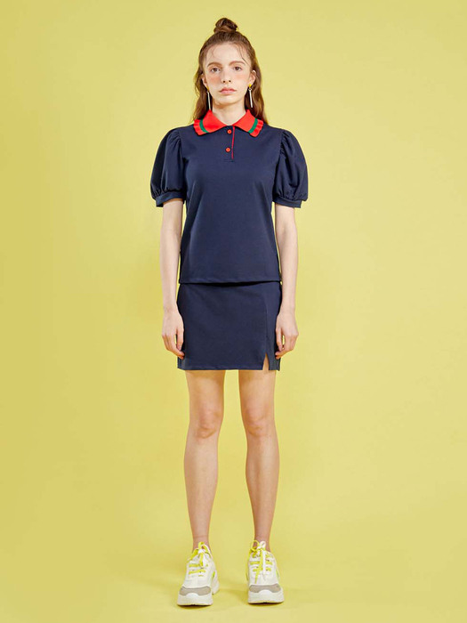 PUFF SLEEVE PIQUE T-SHIRT(NAVY)