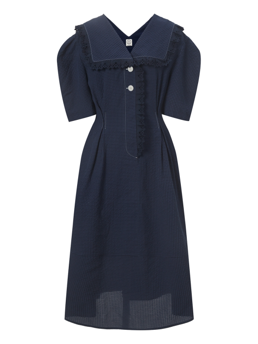 RUFFLE COLLAR LACE TRIMMED DRESS NAVY (AEDR1E012N2)