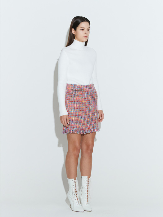 Fringe Tweed Mini Skirt [Pink]