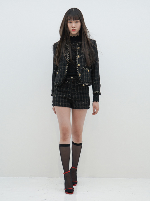 Metallic-Button Boucle Tweed Shorts_UWS-FP02