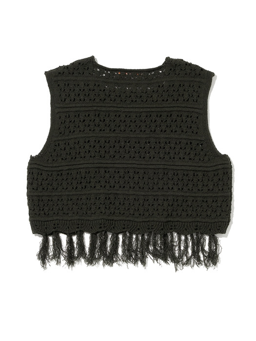 Fringe Sleeveless Knit Top [KHAKI]