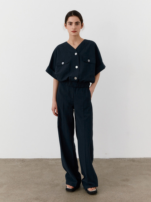 [SET] TWR LINEN BANDING SHIRTS+TWR LINEN WIDE PANTS NAVY