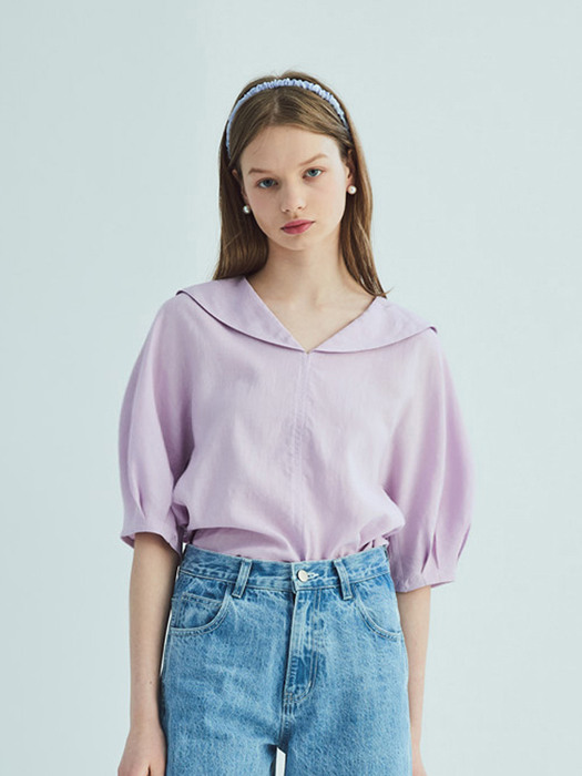 SAILOR COLLAR LINEN PUFF SLEEVE BLOUSE_LAVENDER