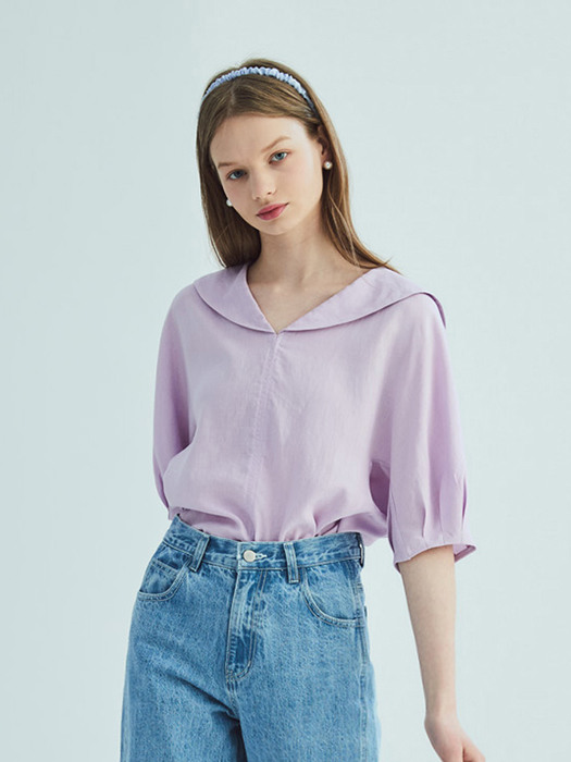 SAILOR COLLAR LINEN PUFF SLEEVE BLOUSE_LAVENDER