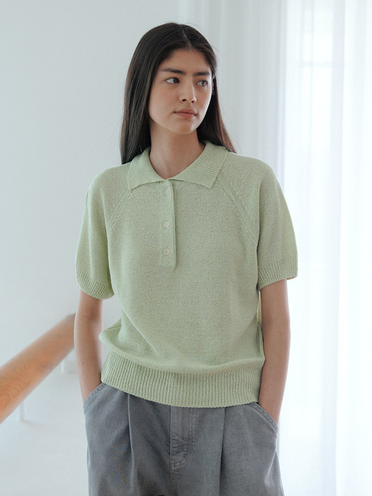 [Woman] Linen Boucle Collar Knit Top (Light Green)