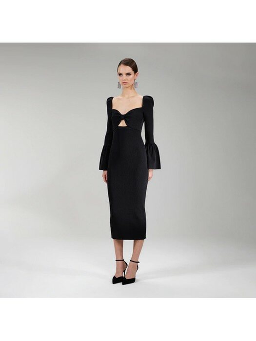 블랙 립 니트 보우 바스트 미디 드레스 (PF22-058S)