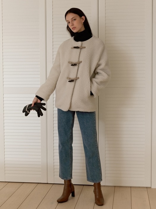 toggle button fleece coat - ivory