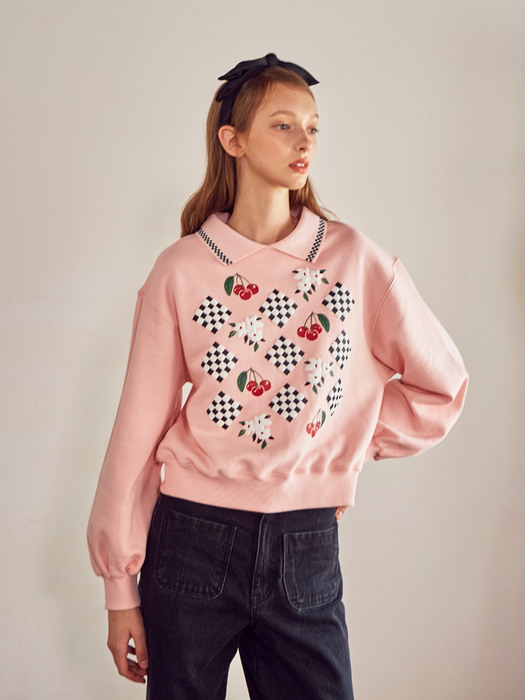 Check Flower Printing Sweatshirt (Pink)