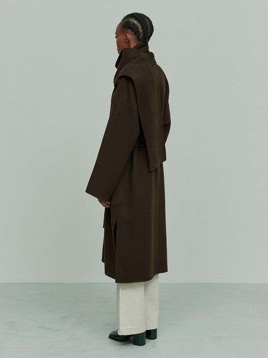 CASHMERE WOOL BLEND SCARF DETAILED COAT CHOCOLATE