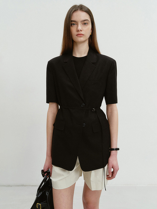 HALF SLEEVE BELTED LINEN JACKET BLACK_UDJA4B226BK