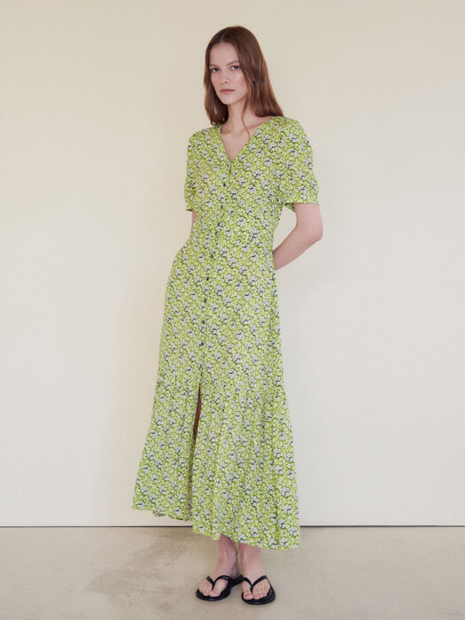 FLORAL PRINT ROBE MAXI DRESS [LIME YELLOW]