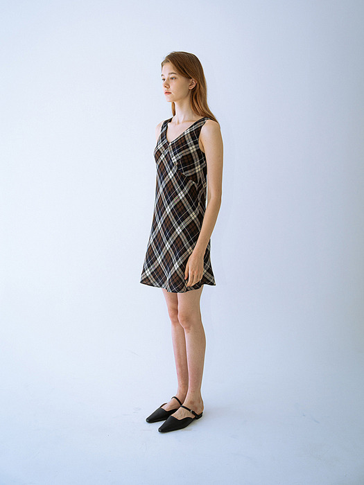 V-neck sleeveless mini Dress_Check Brown