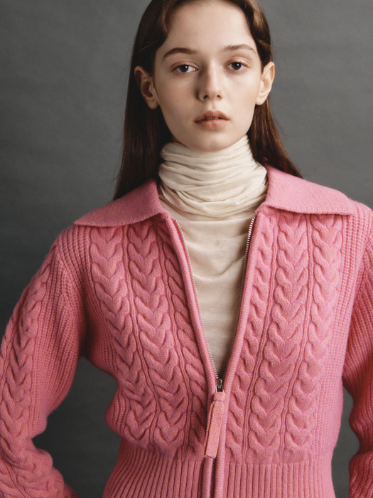 TWO TONE ZIP-UP CARDIGAN (PINK)