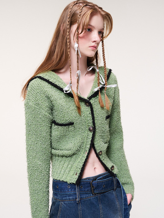 Shawl Sailor Collar Knit Cardigan, Light Green
