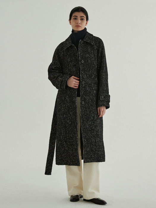 Herringbone Raglan Belted Coat (Black)